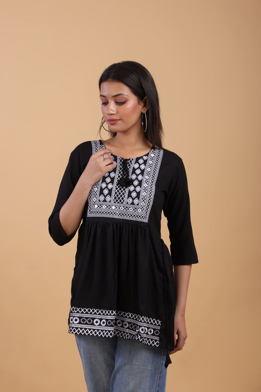 Black Cotton Kurti with White Thread Embroidery