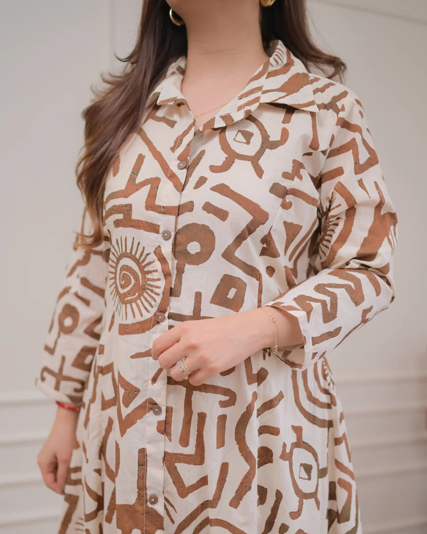 Tribal Print Coord Set in Pure Cotton – Beige & Brown