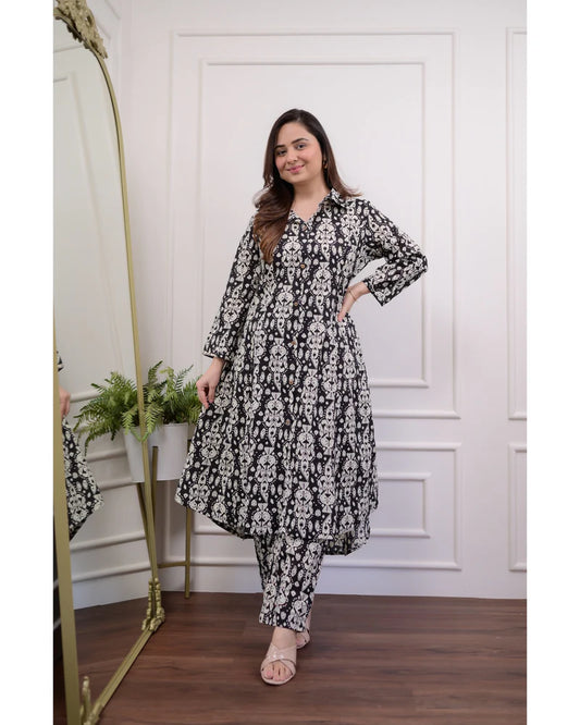 Summer Calm Black Blossom Coord Set in Cotton