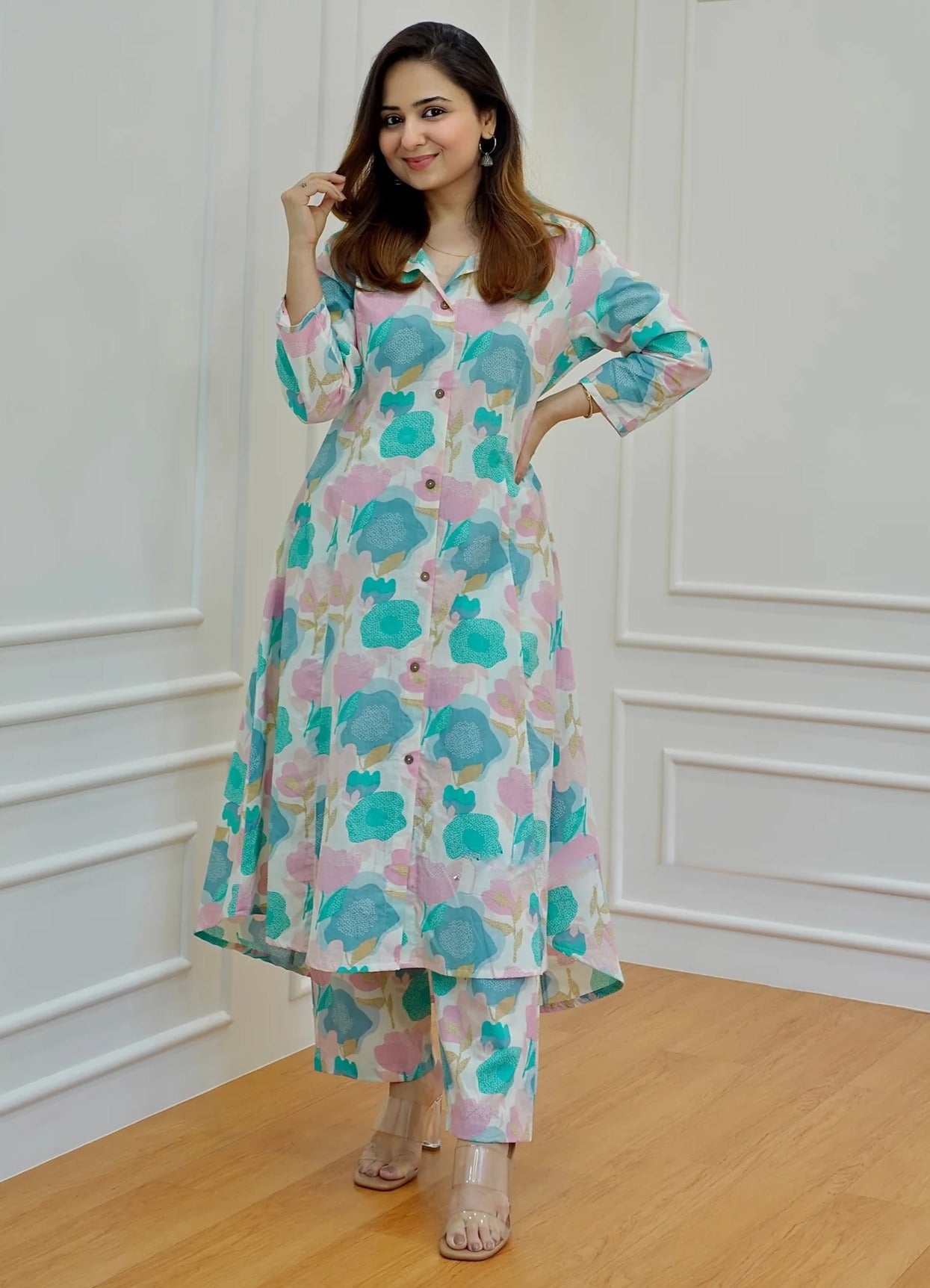 Fresh Floral Cotton Coord Set – Teal & Pink Tones