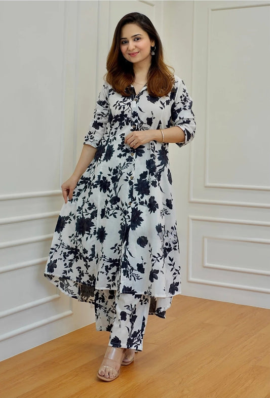 Soft Cotton Floral Coord Set – White & Black