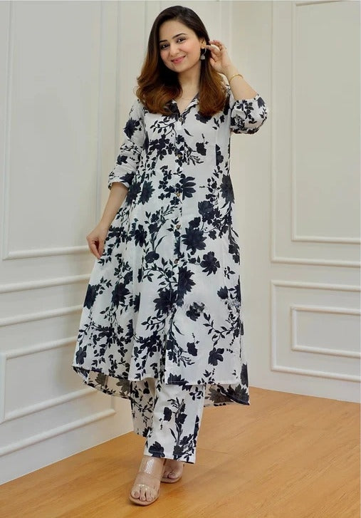 Soft Cotton Floral Coord Set – White & Black