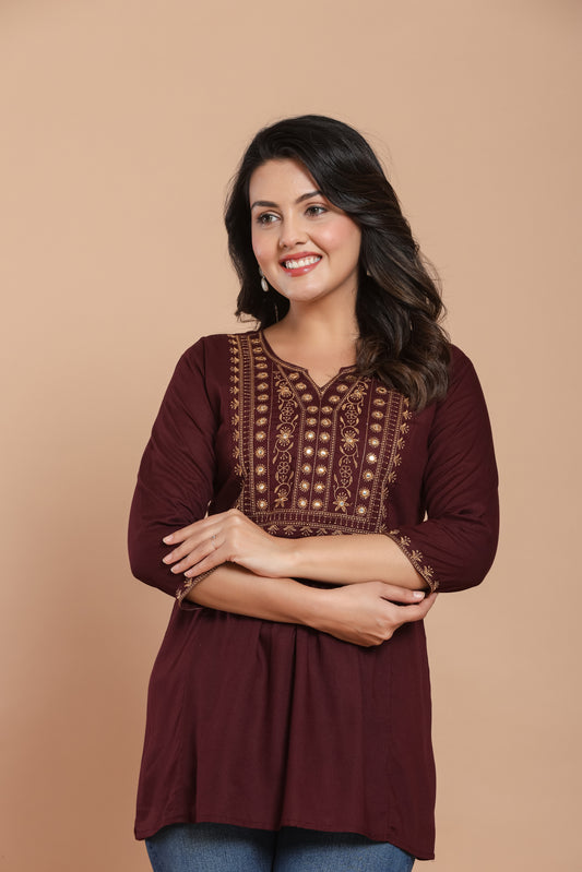 Maroon Cotton Kurti with Mirror Detailing – Summer Ready Style