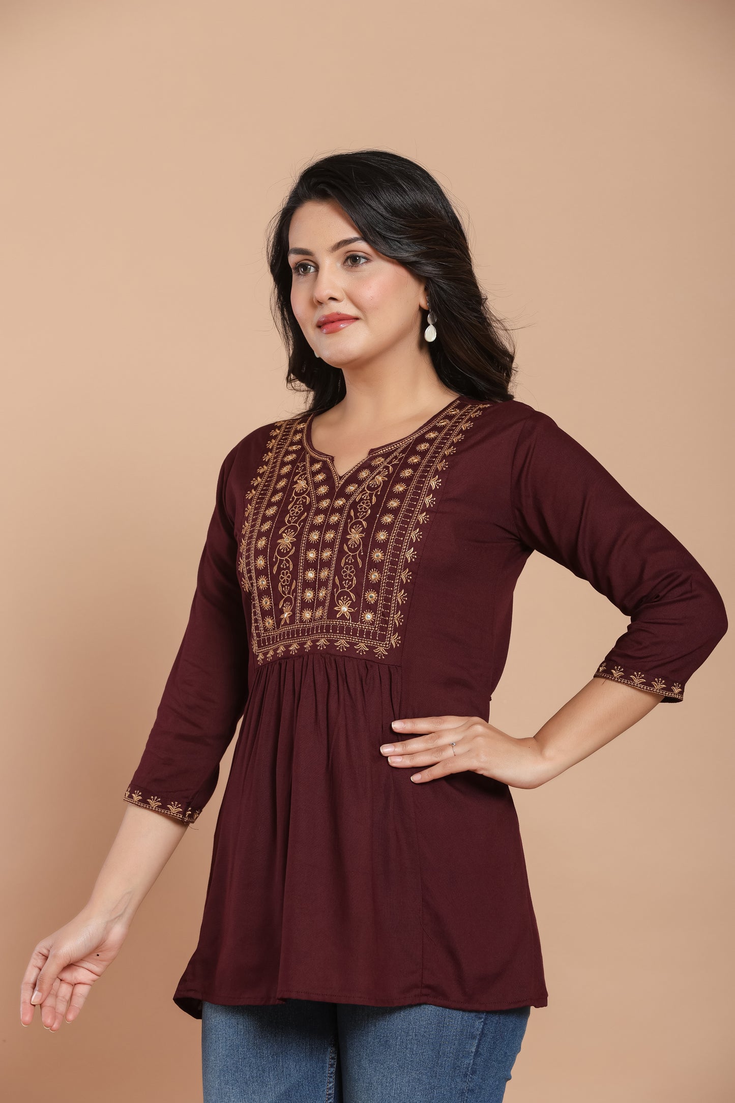 Maroon Cotton Kurti with Mirror Detailing – Summer Ready Style