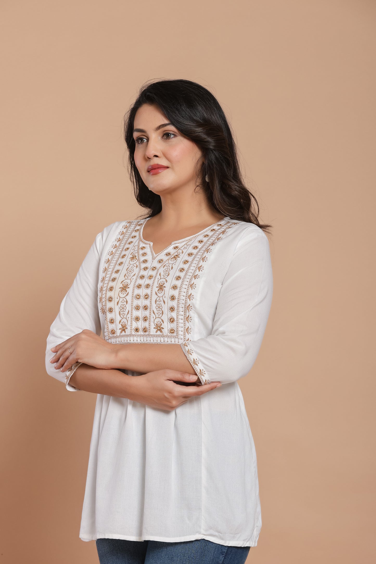 White Cotton Kurti with Embroidery & Mirror Work