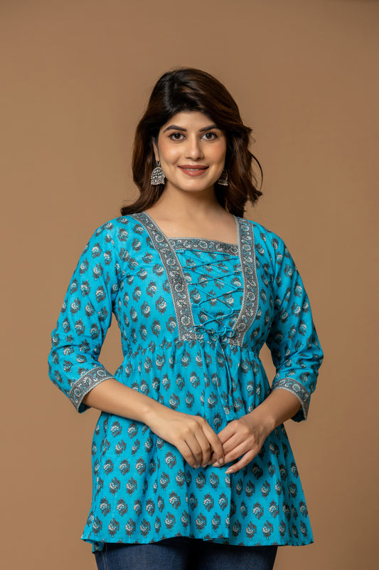 Sky Blue Printed Cotton Kurti with Lace-Up Neck