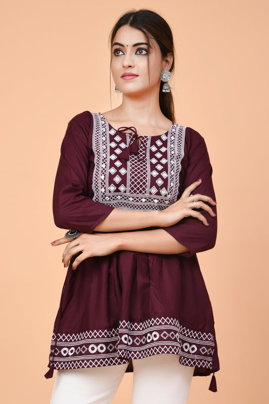 Maroon Cotton Embroidered Short Kurti – Lightweight & Breezy for Summer