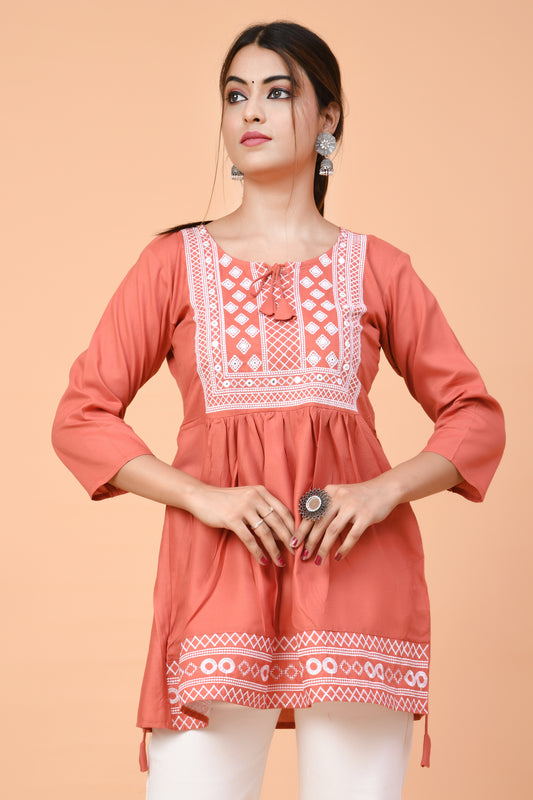 Rust Orange Cotton Kurti with White Thread Embroidery – Summer Chic Look