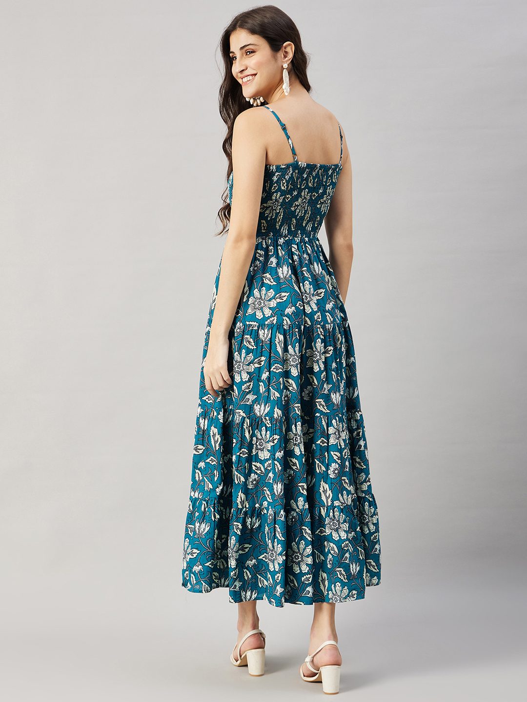 Teal Blue Blossom Pure Cotton Midi Dress