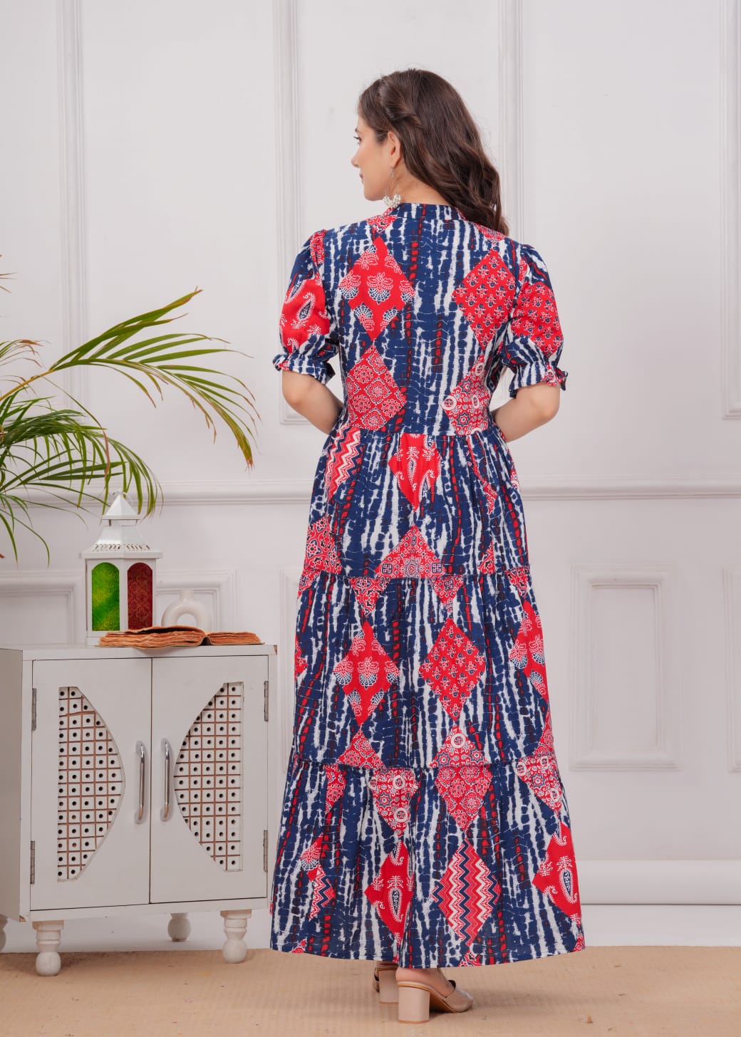 Indigo Fusion Cotton Maxi Dress – Red & Blue Tribal Print