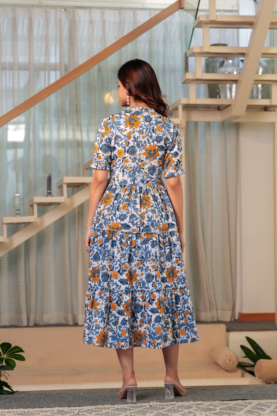 Blue & Mustard Bloom Cotton Midi Dress