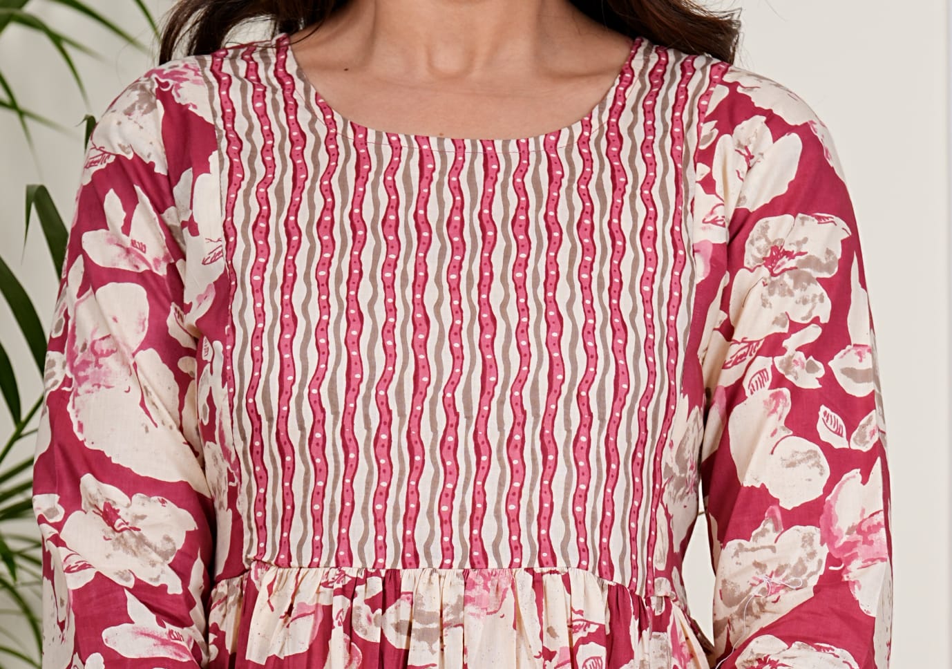 Plum Petal Cotton Midi Dress – Floral & Chevron Mix