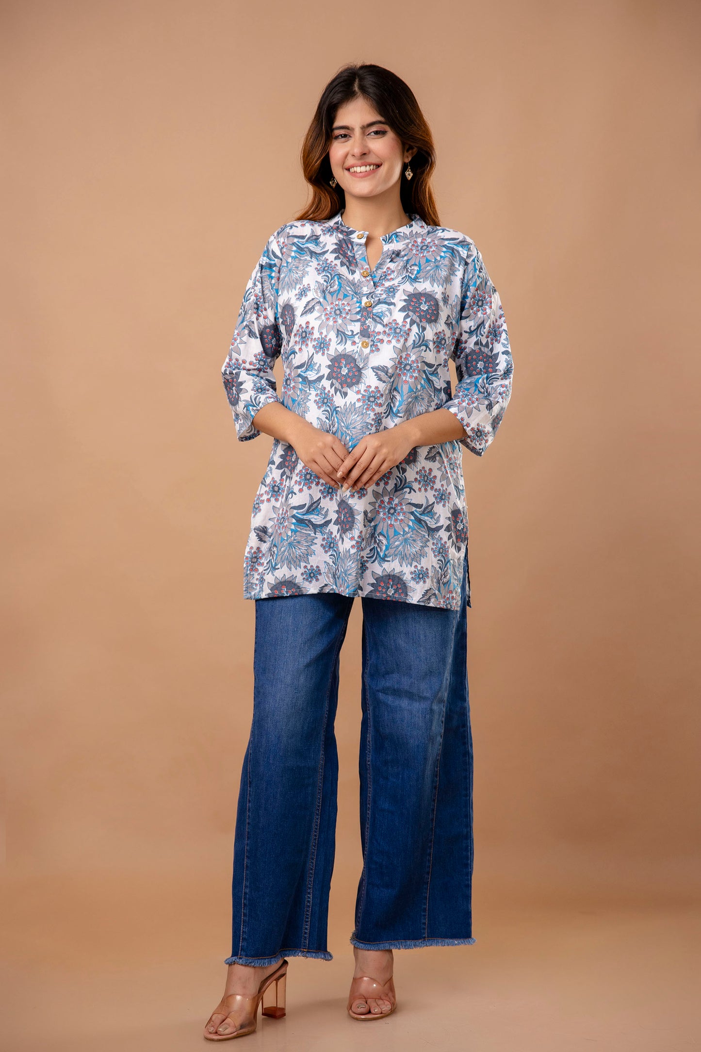 Elegant Grey Cotton Kurti with Blue Floral Print