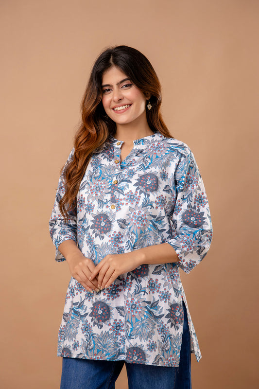 Elegant Grey Cotton Kurti with Blue Floral Print