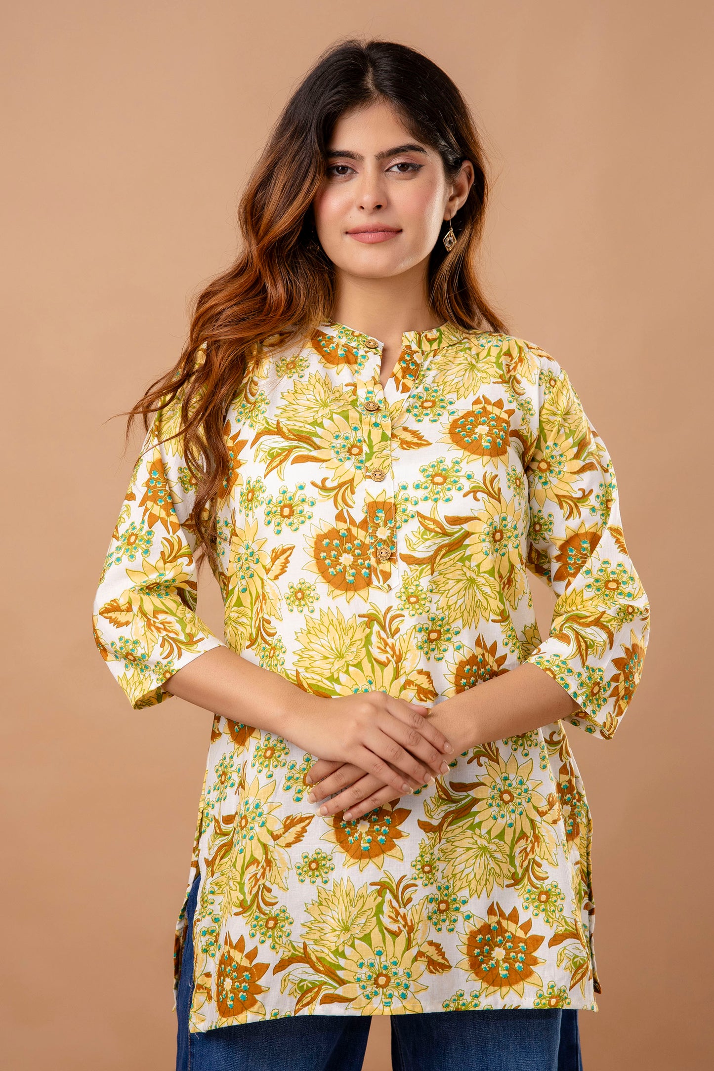 Mustard Yellow Floral Printed Cotton Kurti – Perfect for Summer