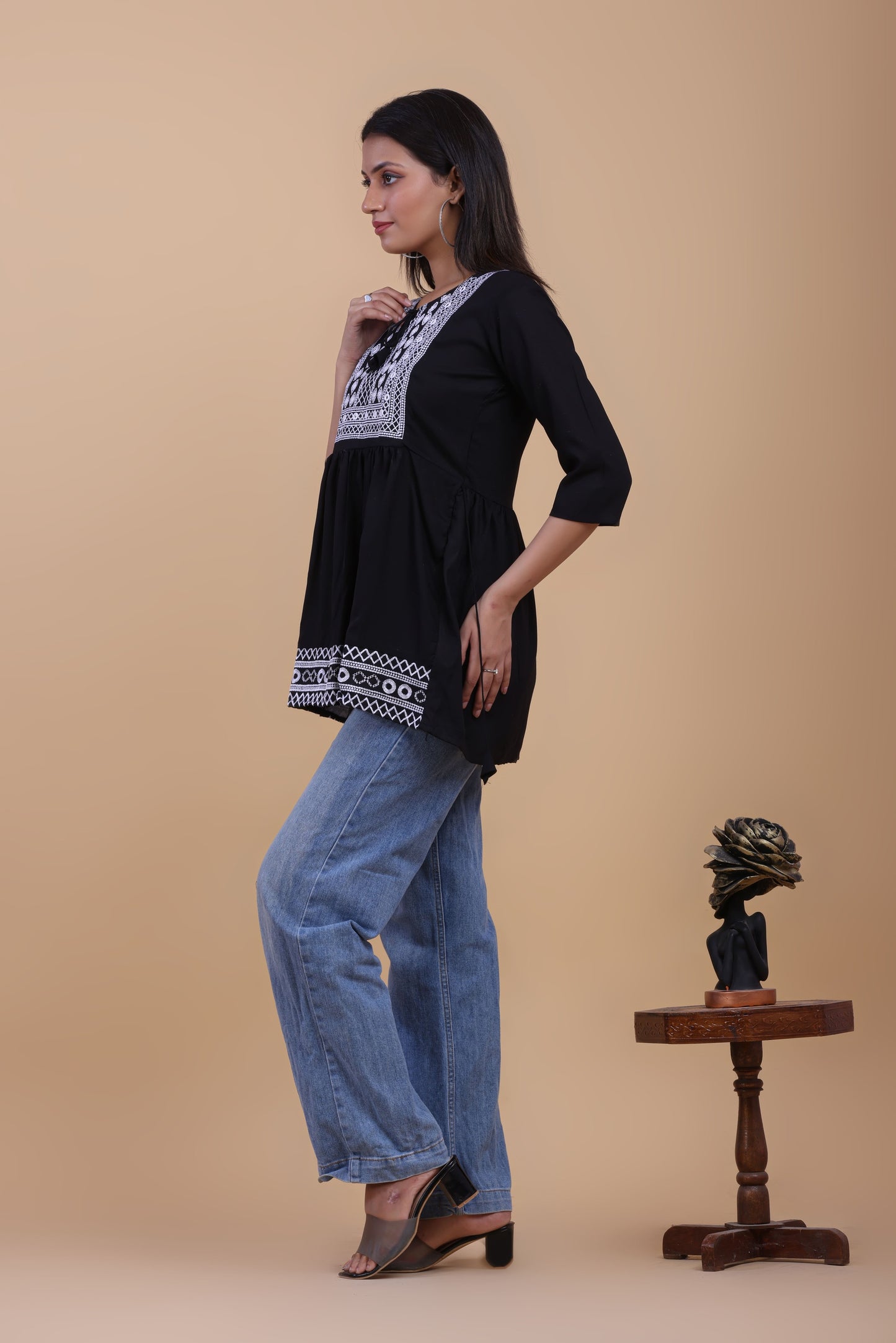 Black Cotton Kurti with White Thread Embroidery