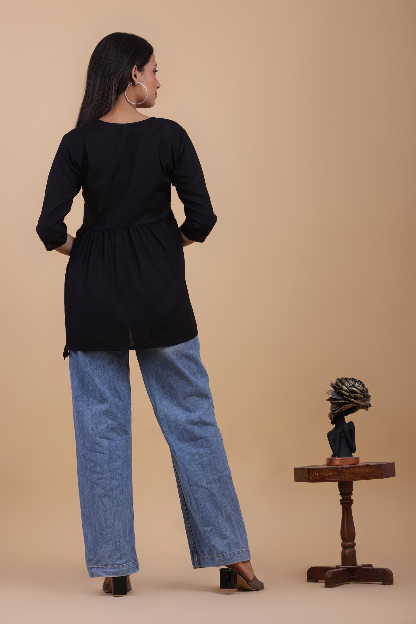 Black Cotton Kurti with White Thread Embroidery