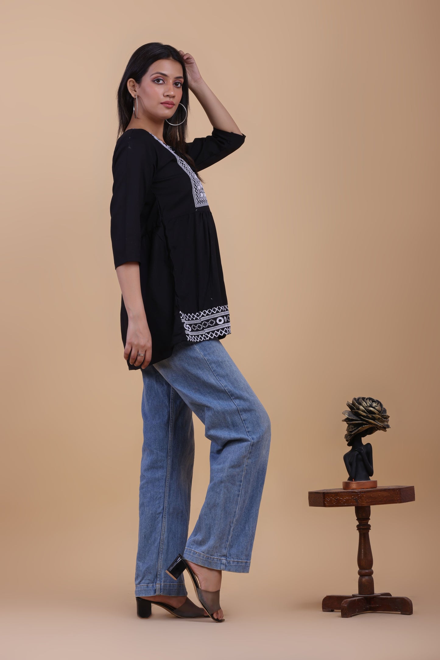 Black Cotton Kurti with White Thread Embroidery