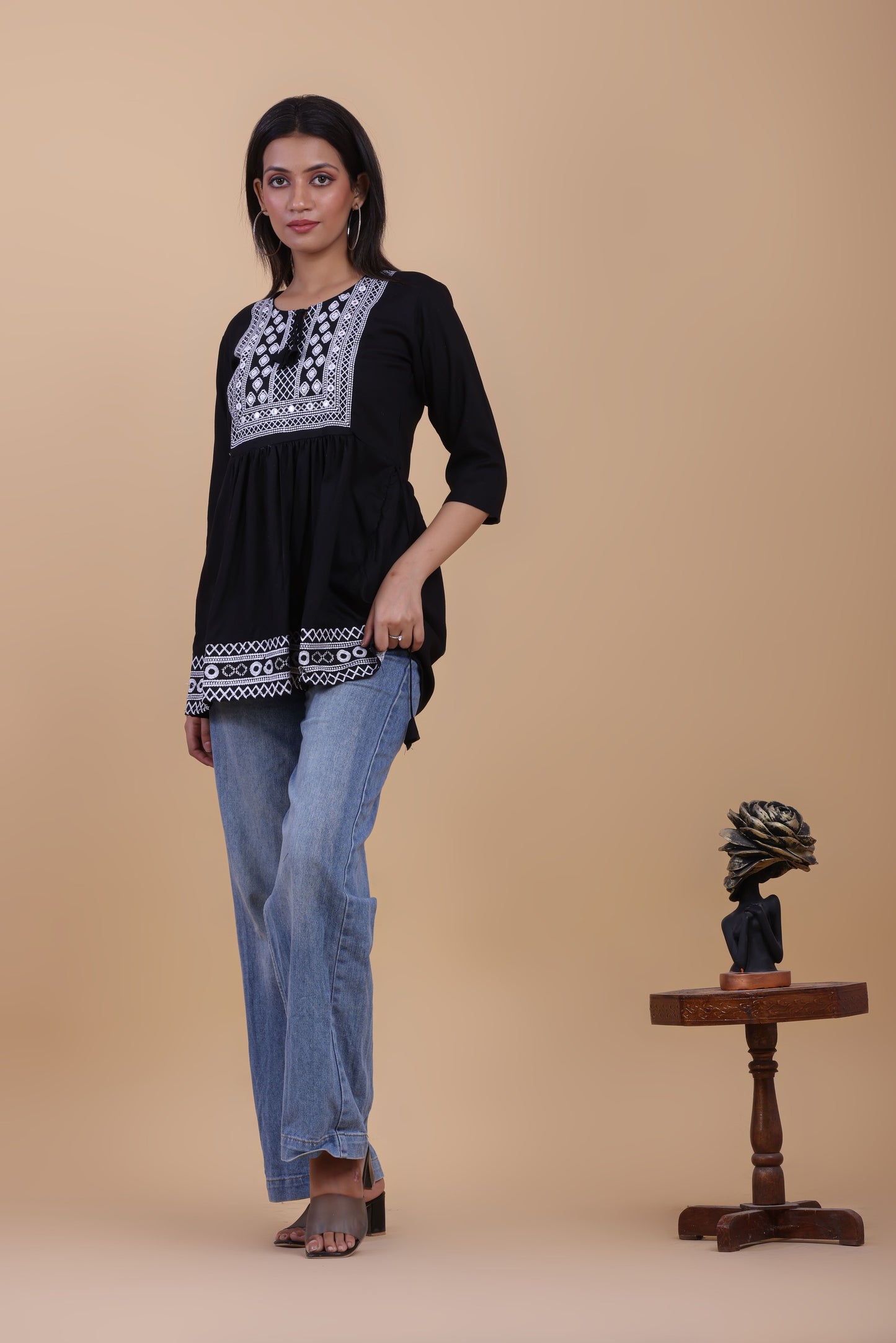 Black Cotton Kurti with White Thread Embroidery