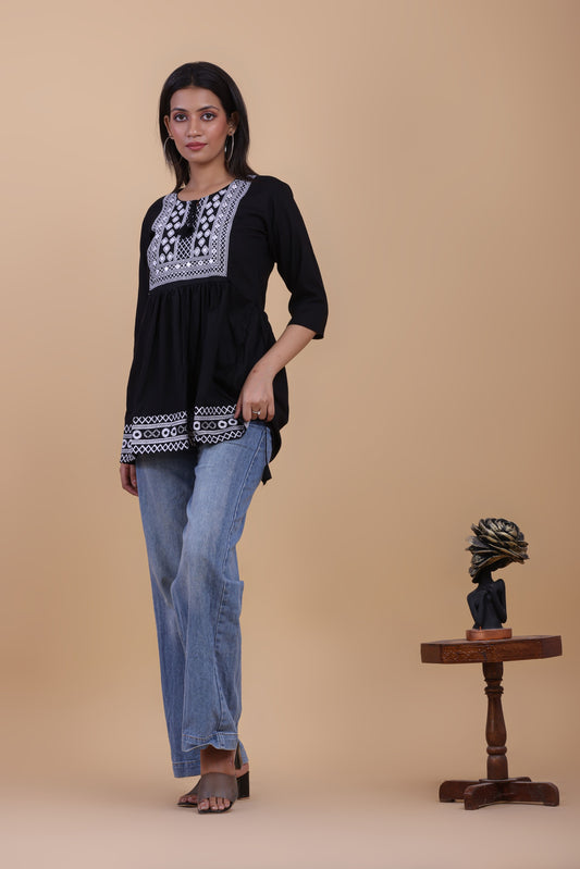 Black Cotton Kurti with White Thread Embroidery