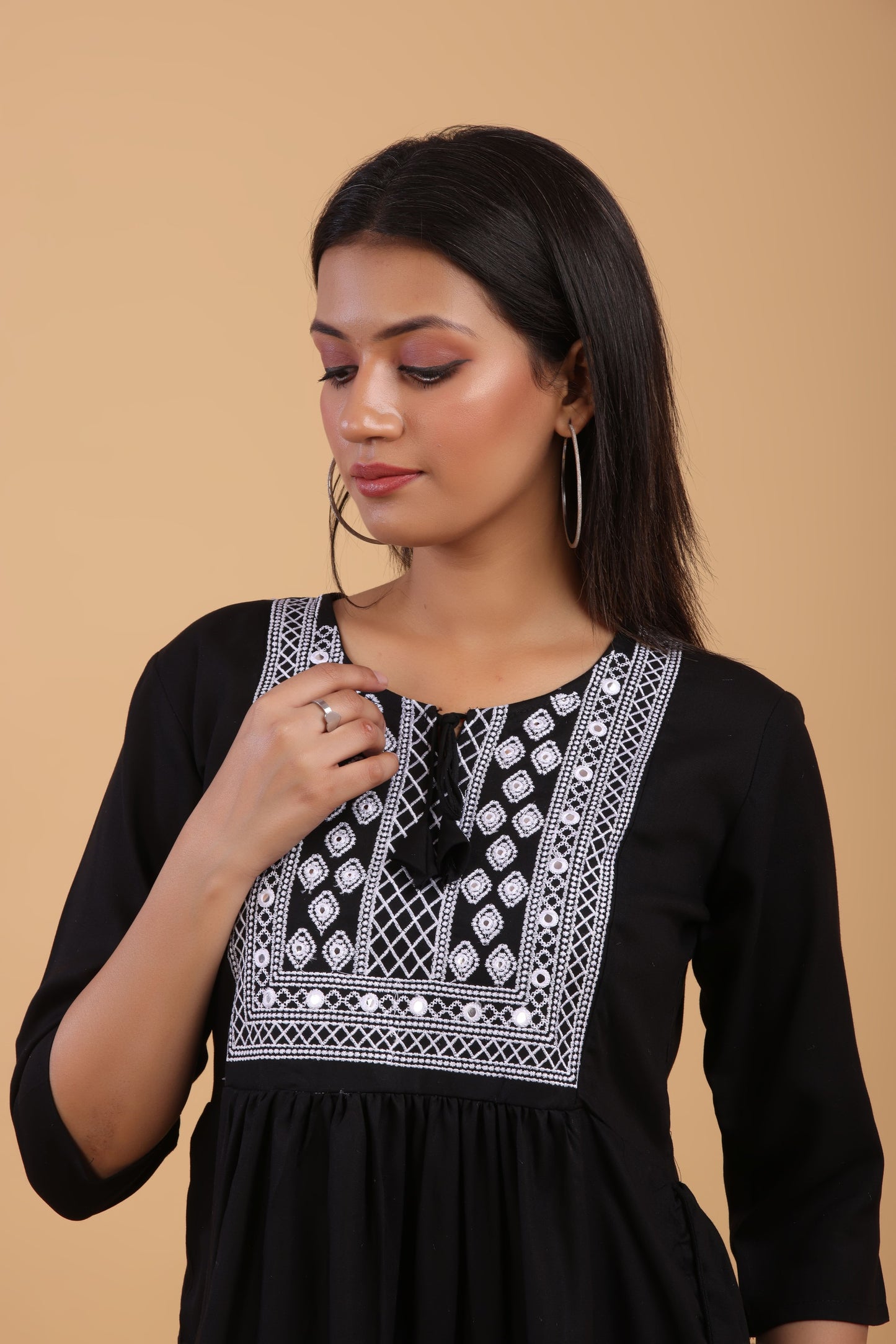 Black Cotton Kurti with White Thread Embroidery