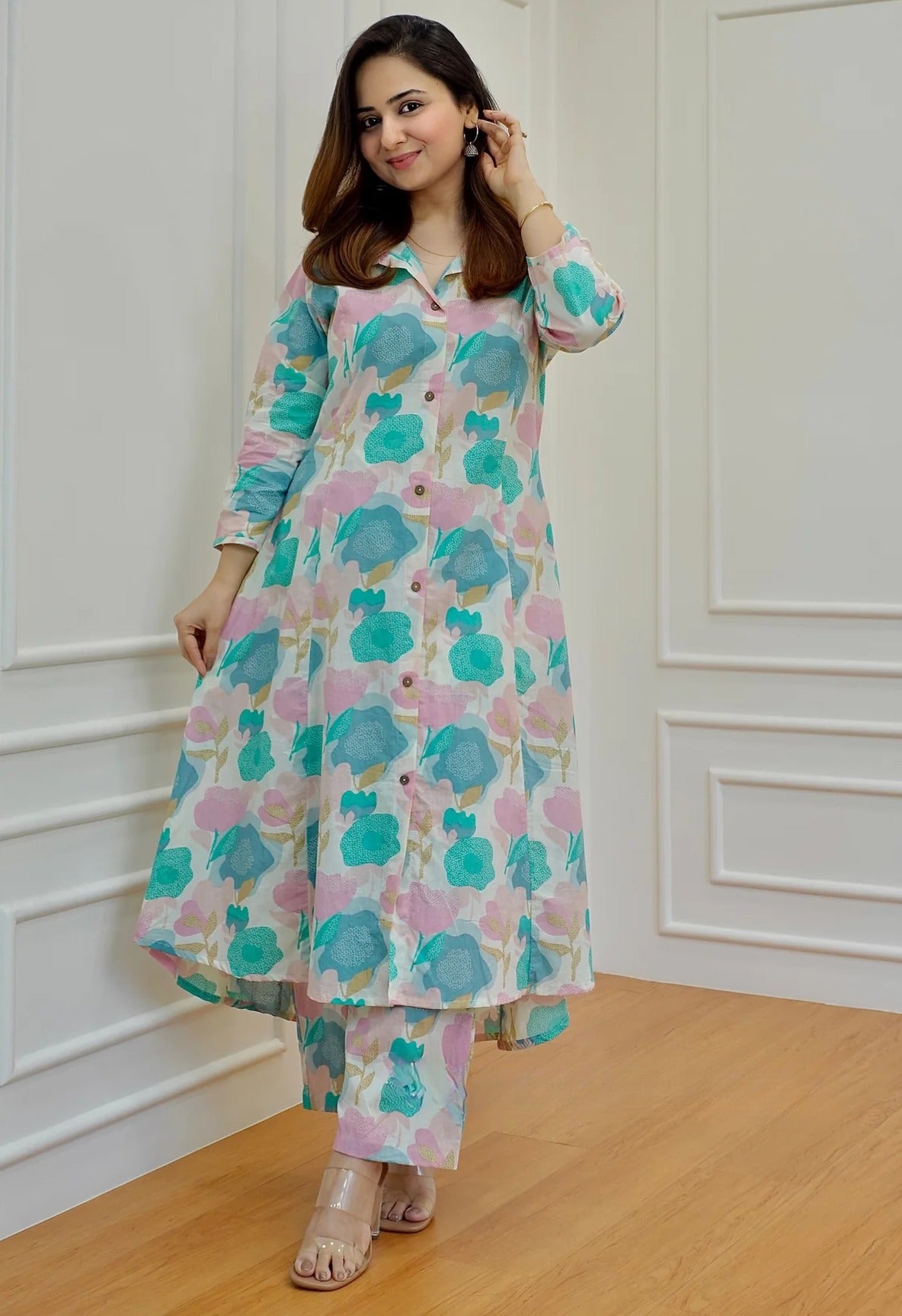 Fresh Floral Cotton Coord Set – Teal & Pink Tones