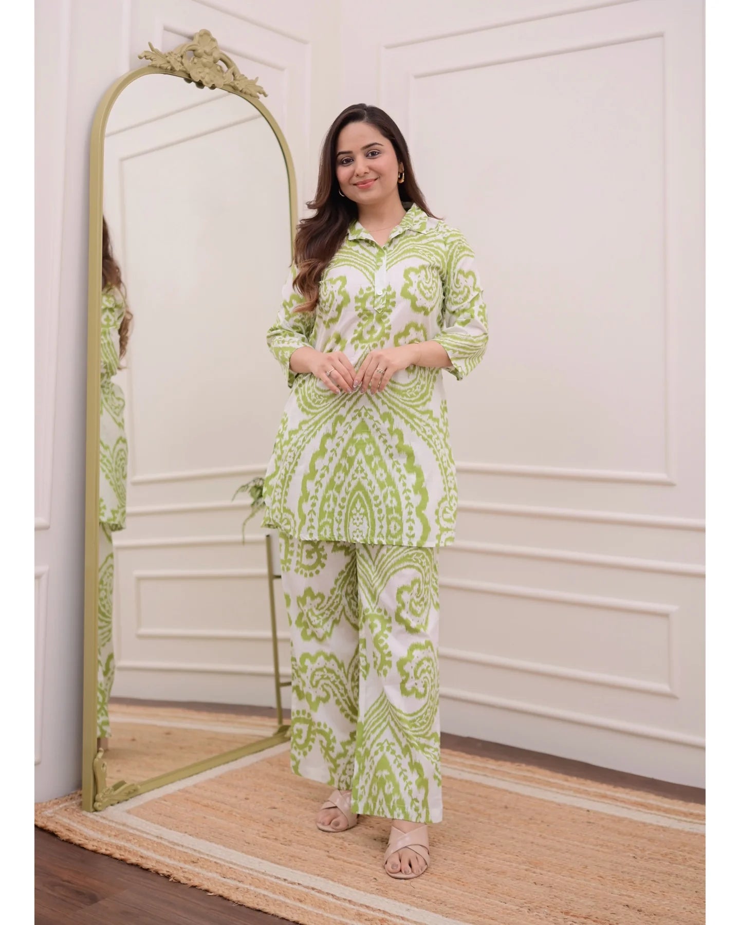 Olive Bloom Cotton Coord Set – Breezy Green & White Elegance