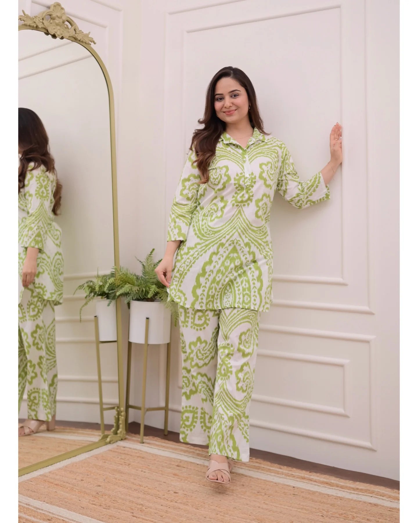 Olive Bloom Cotton Coord Set – Breezy Green & White Elegance