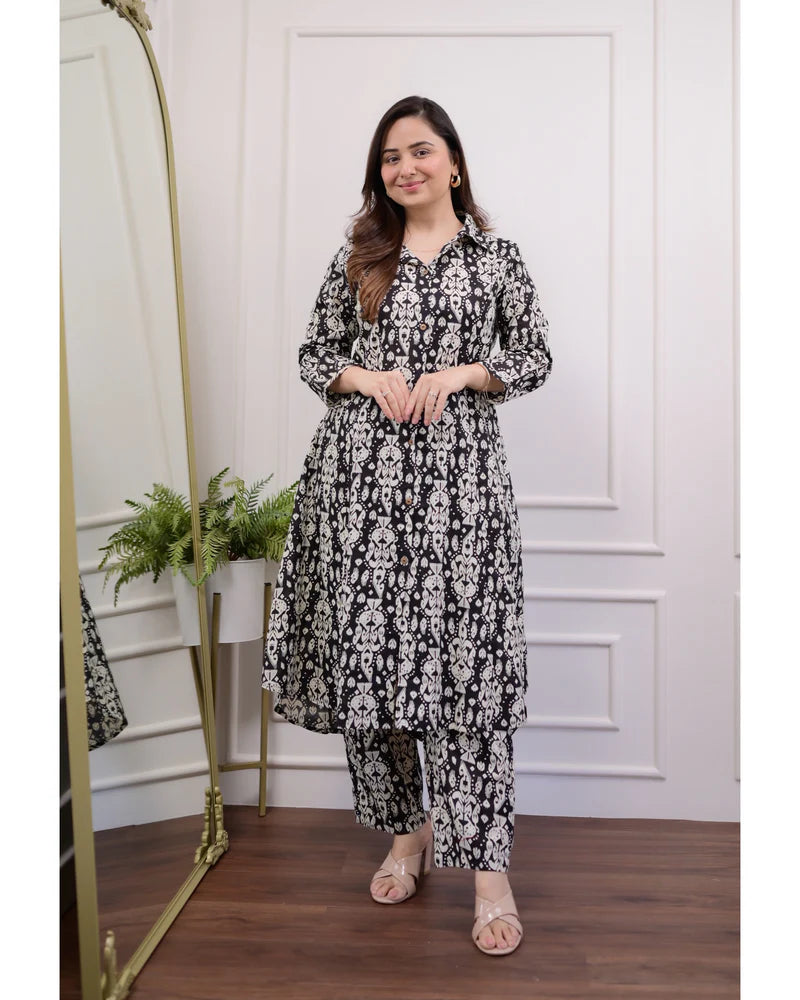 Summer Calm Black Blossom Coord Set in Cotton