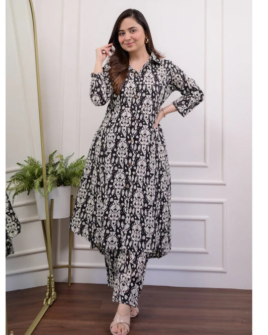 Summer Calm Black Blossom Coord Set in Cotton