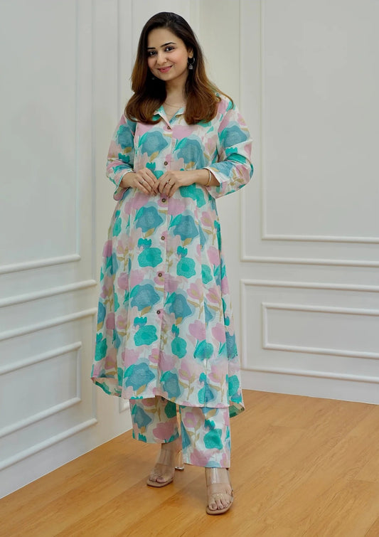 Fresh Floral Cotton Coord Set – Teal & Pink Tones