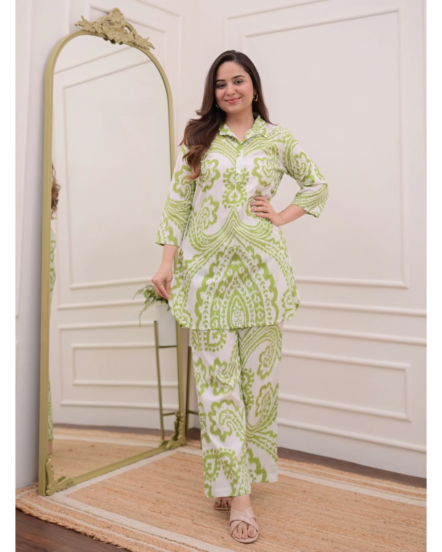 Olive Bloom Cotton Coord Set – Breezy Green & White Elegance