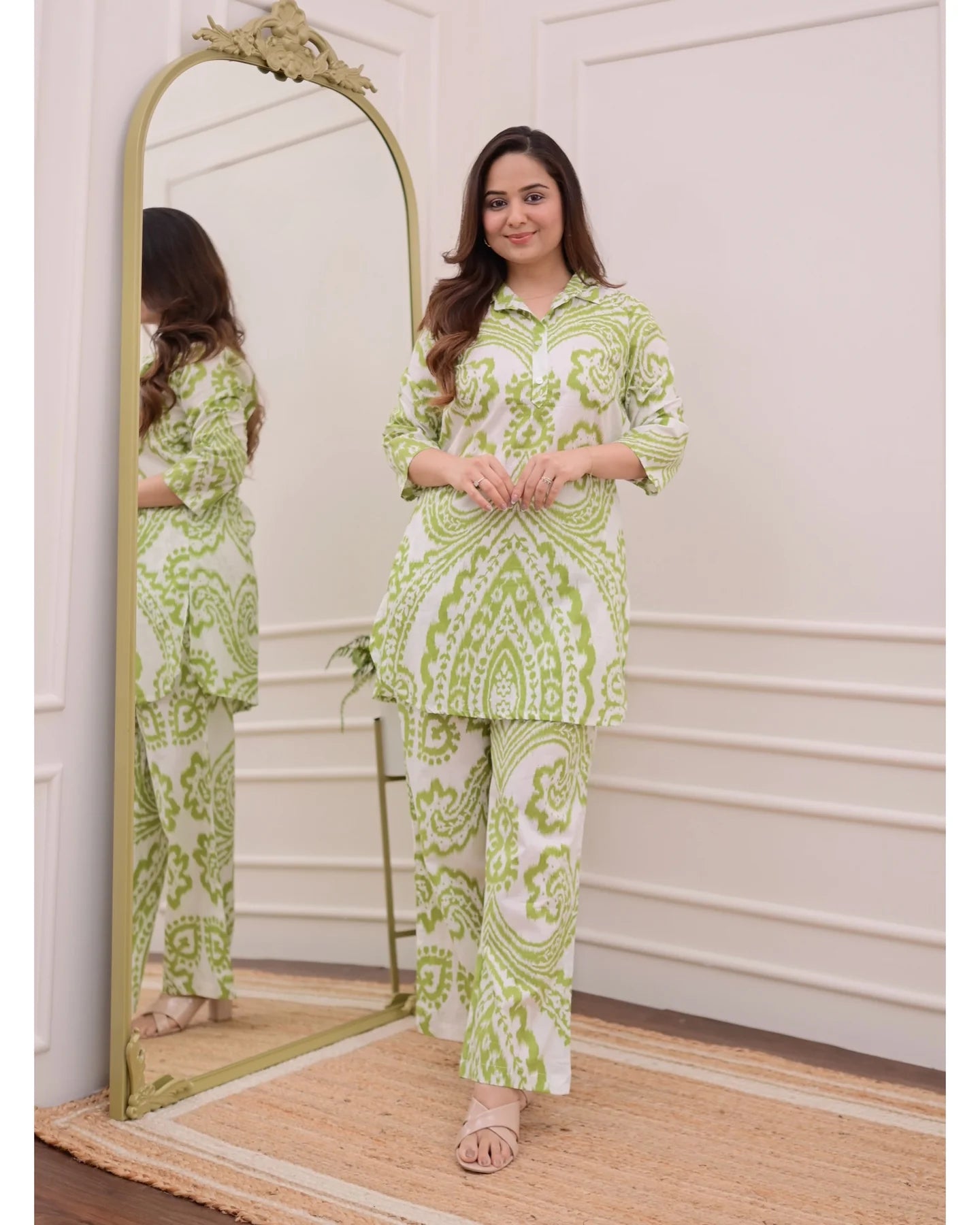 Olive Bloom Cotton Coord Set – Breezy Green & White Elegance
