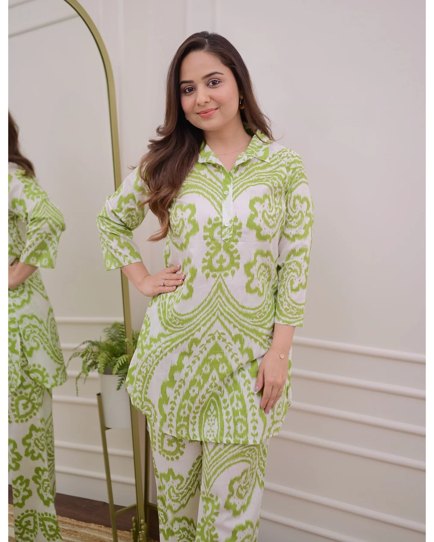 Olive Bloom Cotton Coord Set – Breezy Green & White Elegance