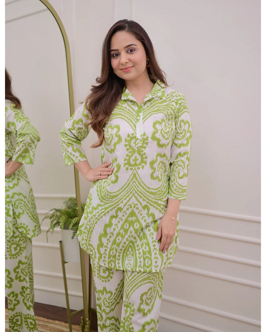 Olive Bloom Cotton Coord Set – Breezy Green & White Elegance