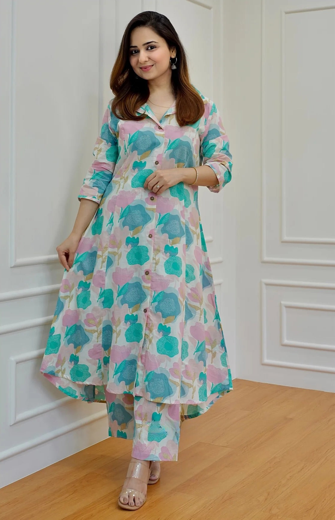 Fresh Floral Cotton Coord Set – Teal & Pink Tones