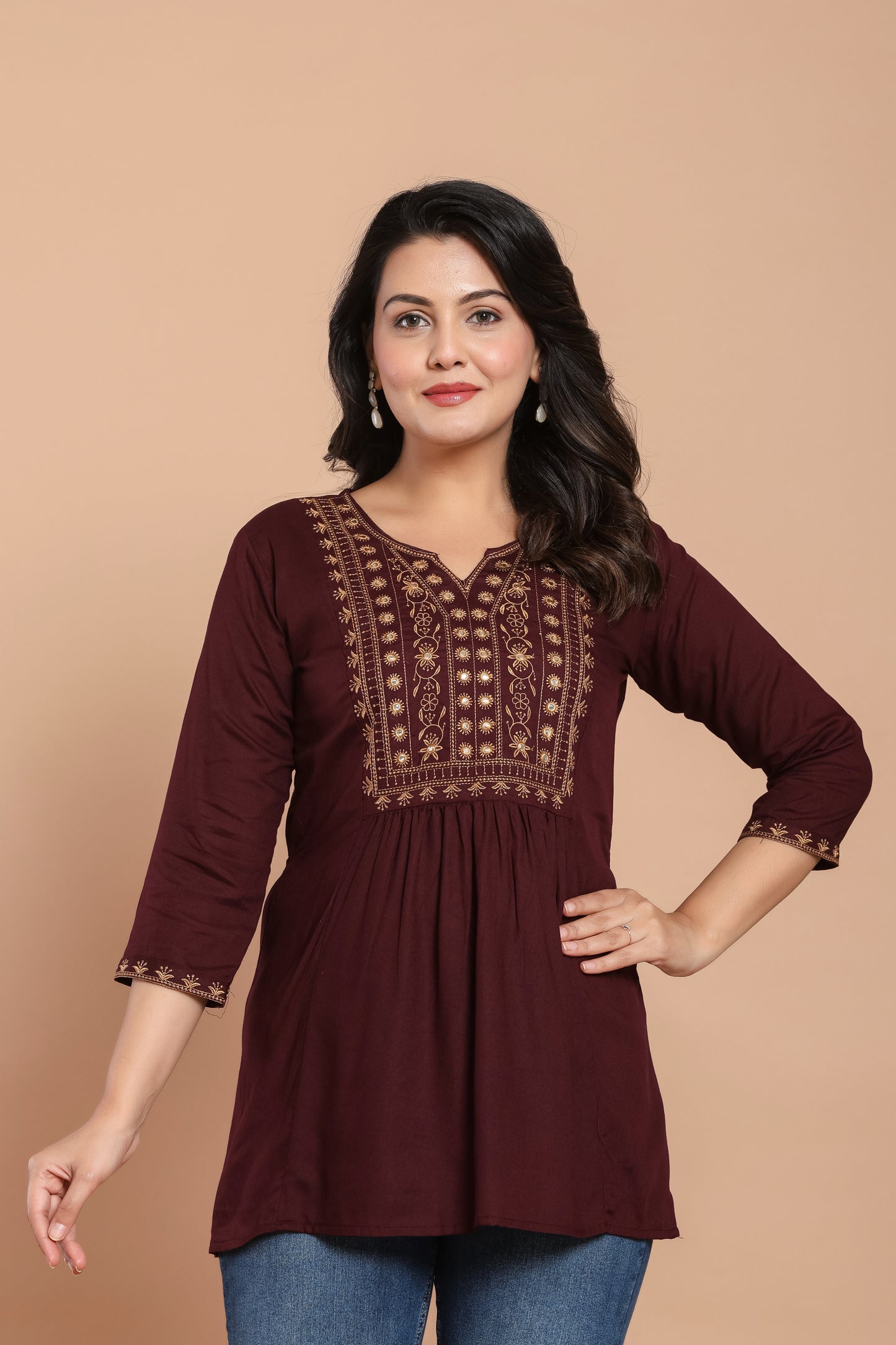 Maroon Cotton Kurti with Mirror Detailing – Summer Ready Style