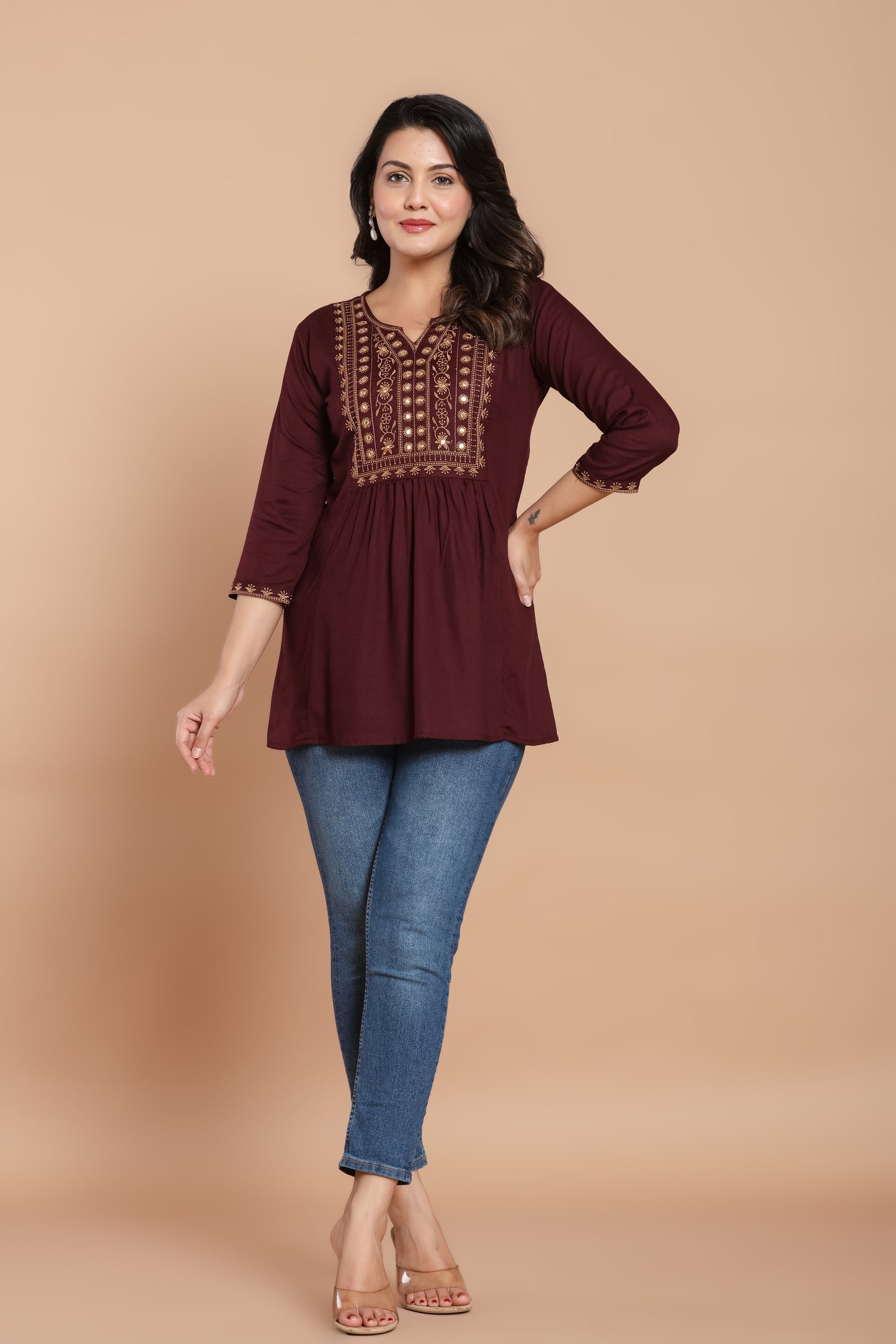 Maroon Cotton Kurti with Mirror Detailing – Summer Ready Style