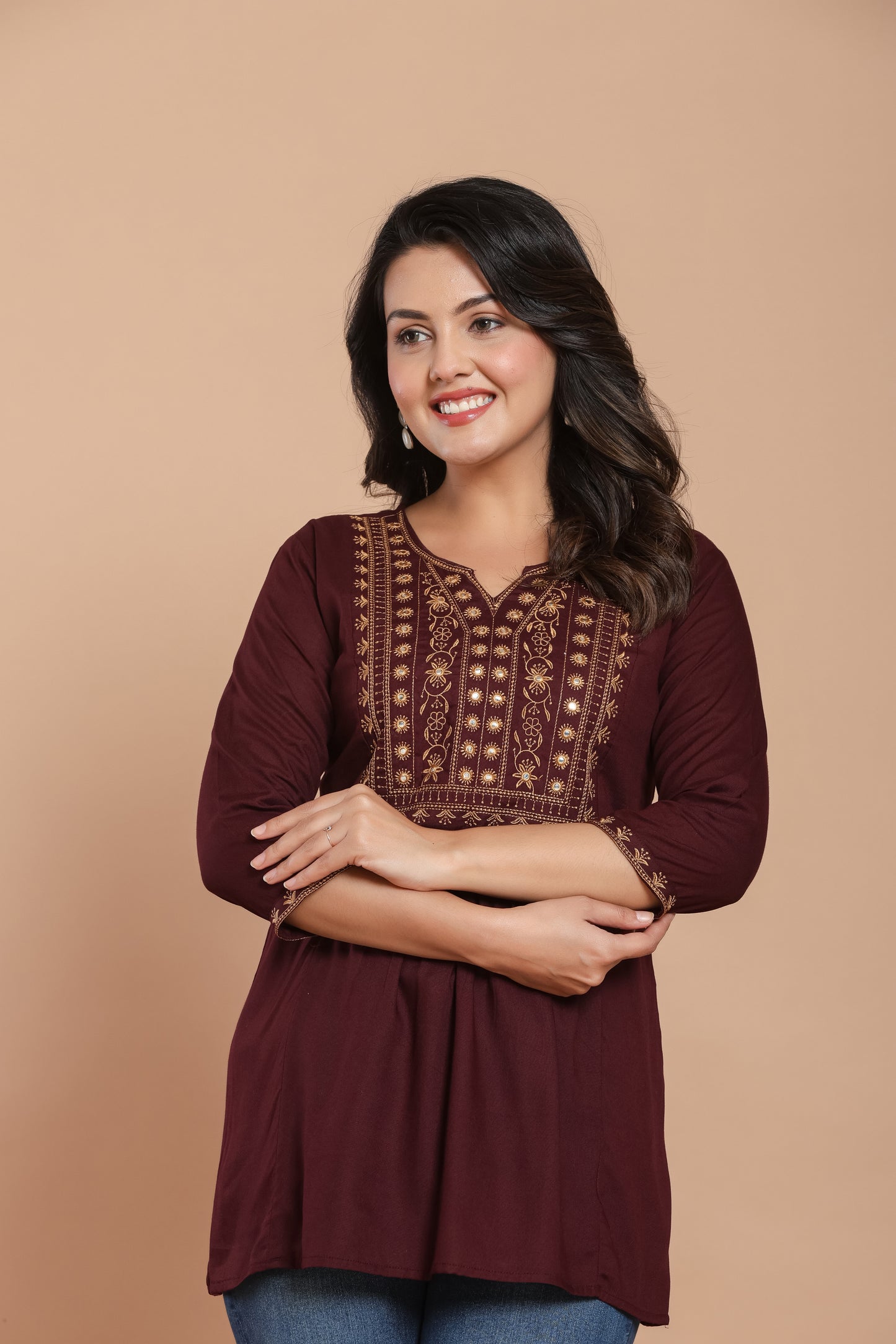 Maroon Cotton Kurti with Mirror Detailing – Summer Ready Style