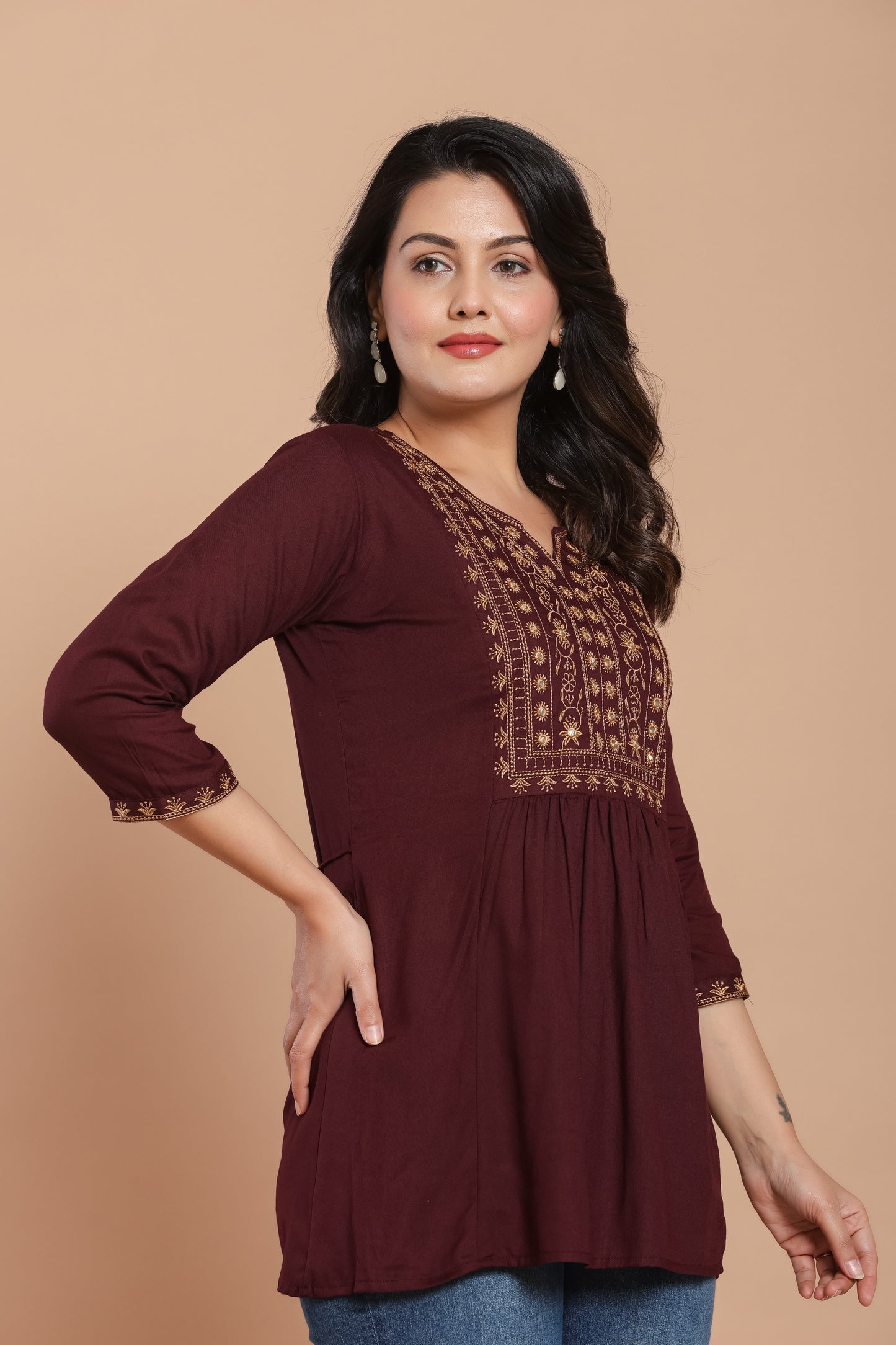 Maroon Cotton Kurti with Mirror Detailing – Summer Ready Style