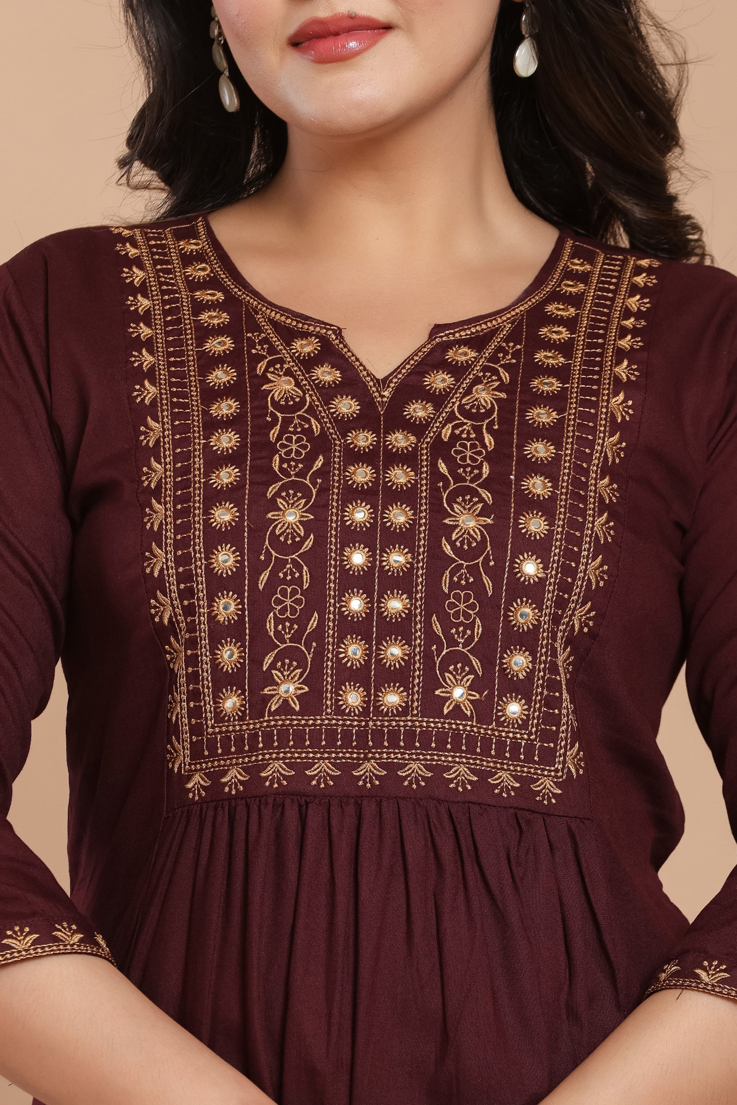 Maroon Cotton Kurti with Mirror Detailing – Summer Ready Style