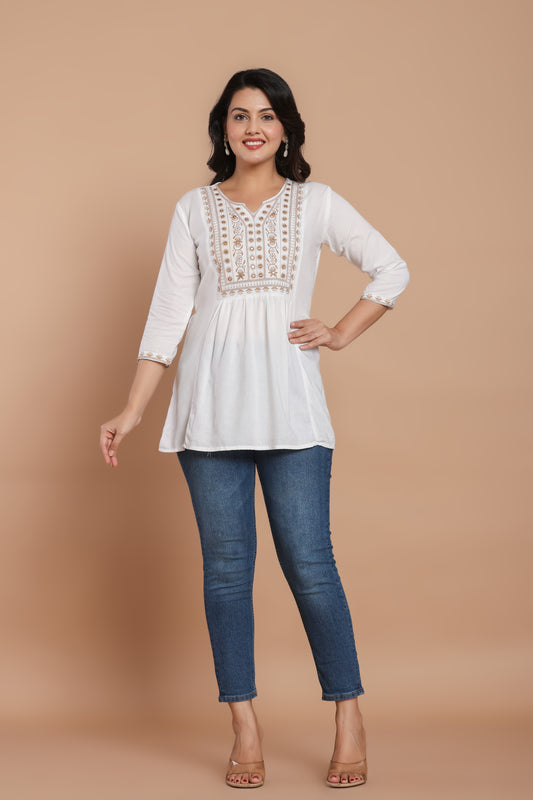 White Cotton Kurti with Embroidery & Mirror Work