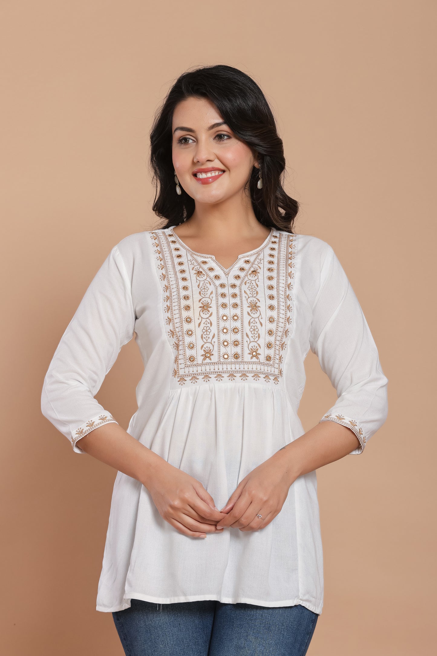 White Cotton Kurti with Embroidery & Mirror Work