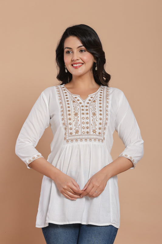 White Cotton Kurti with Embroidery & Mirror Work