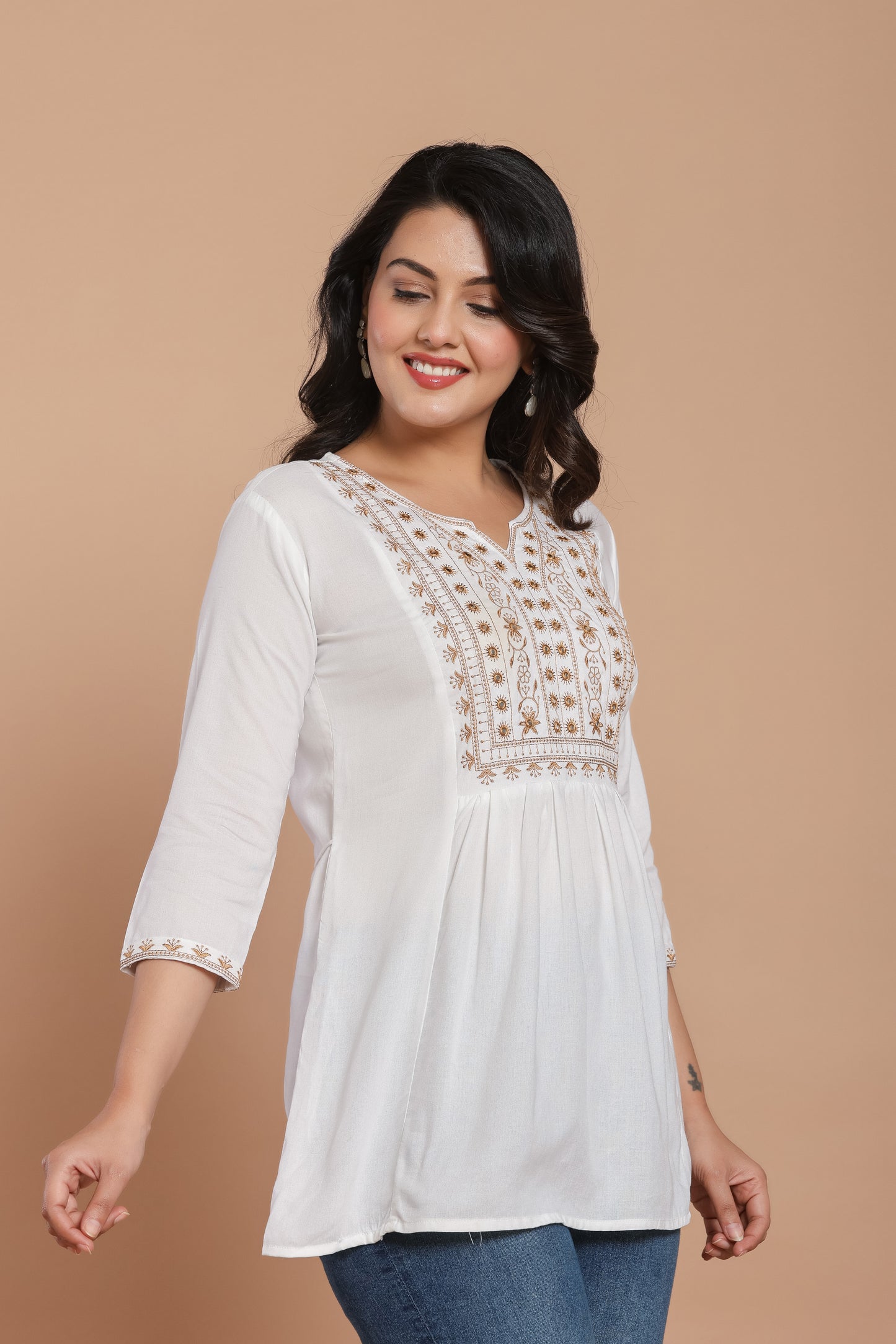 White Cotton Kurti with Embroidery & Mirror Work