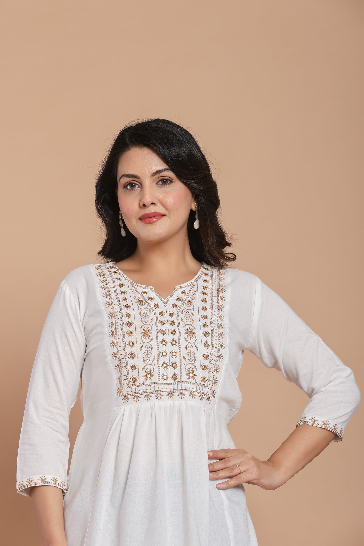 White Cotton Kurti with Embroidery & Mirror Work