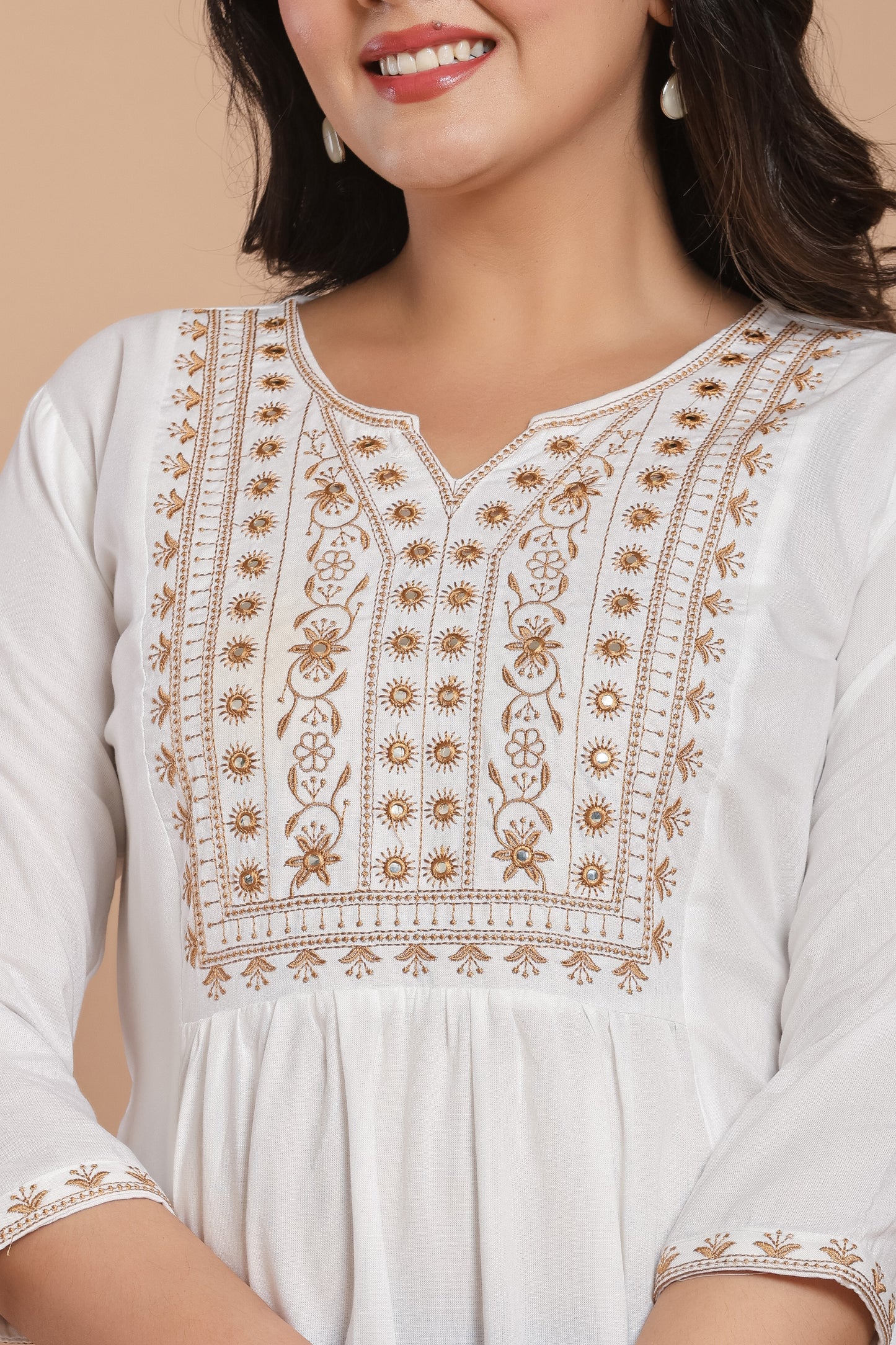 White Cotton Kurti with Embroidery & Mirror Work