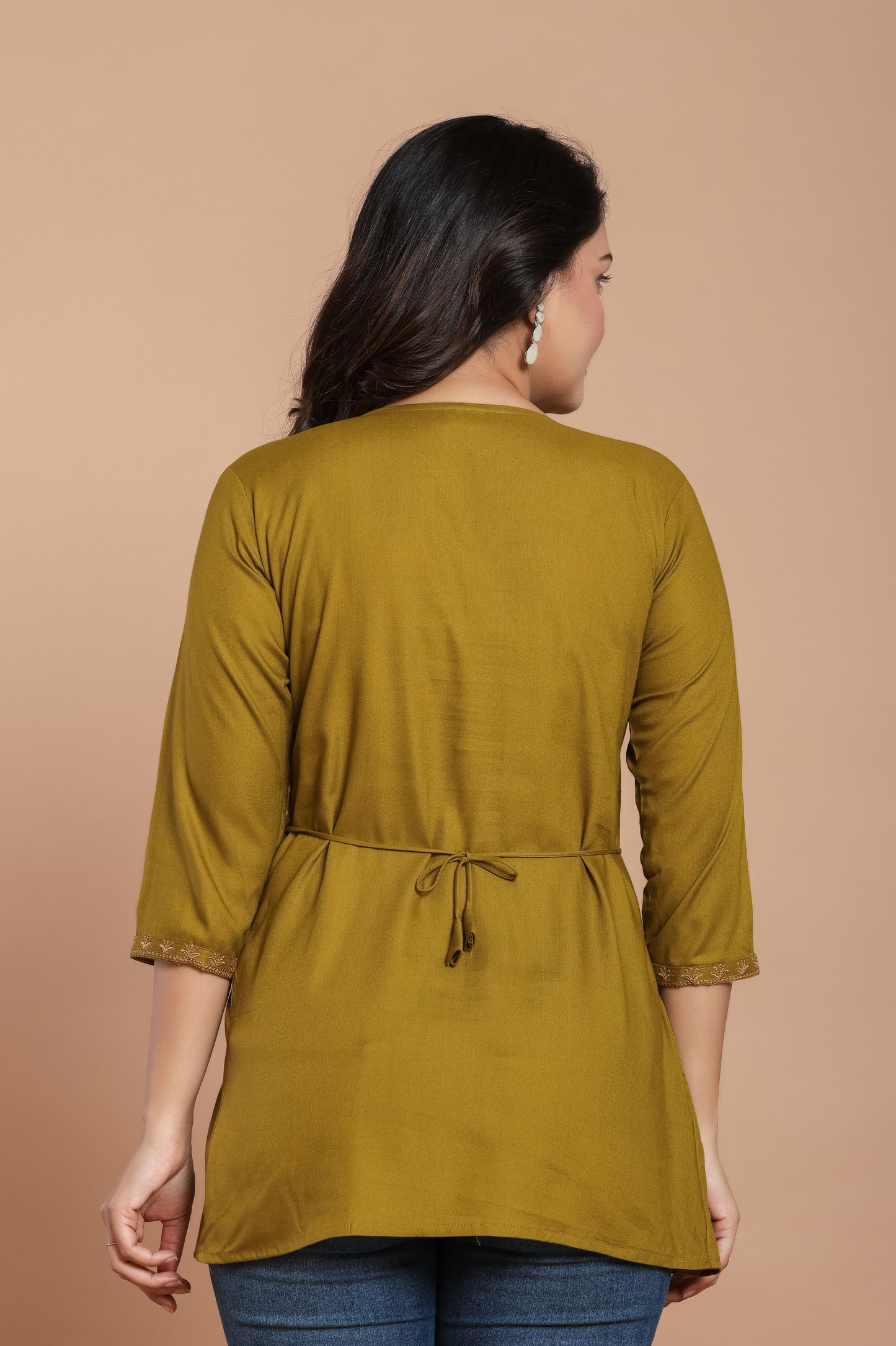 Olive Green Cotton Kurti with Mirror Embroidery