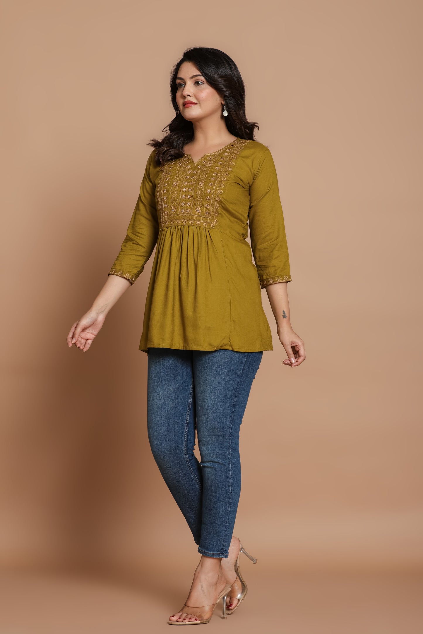 Olive Green Cotton Kurti with Mirror Embroidery