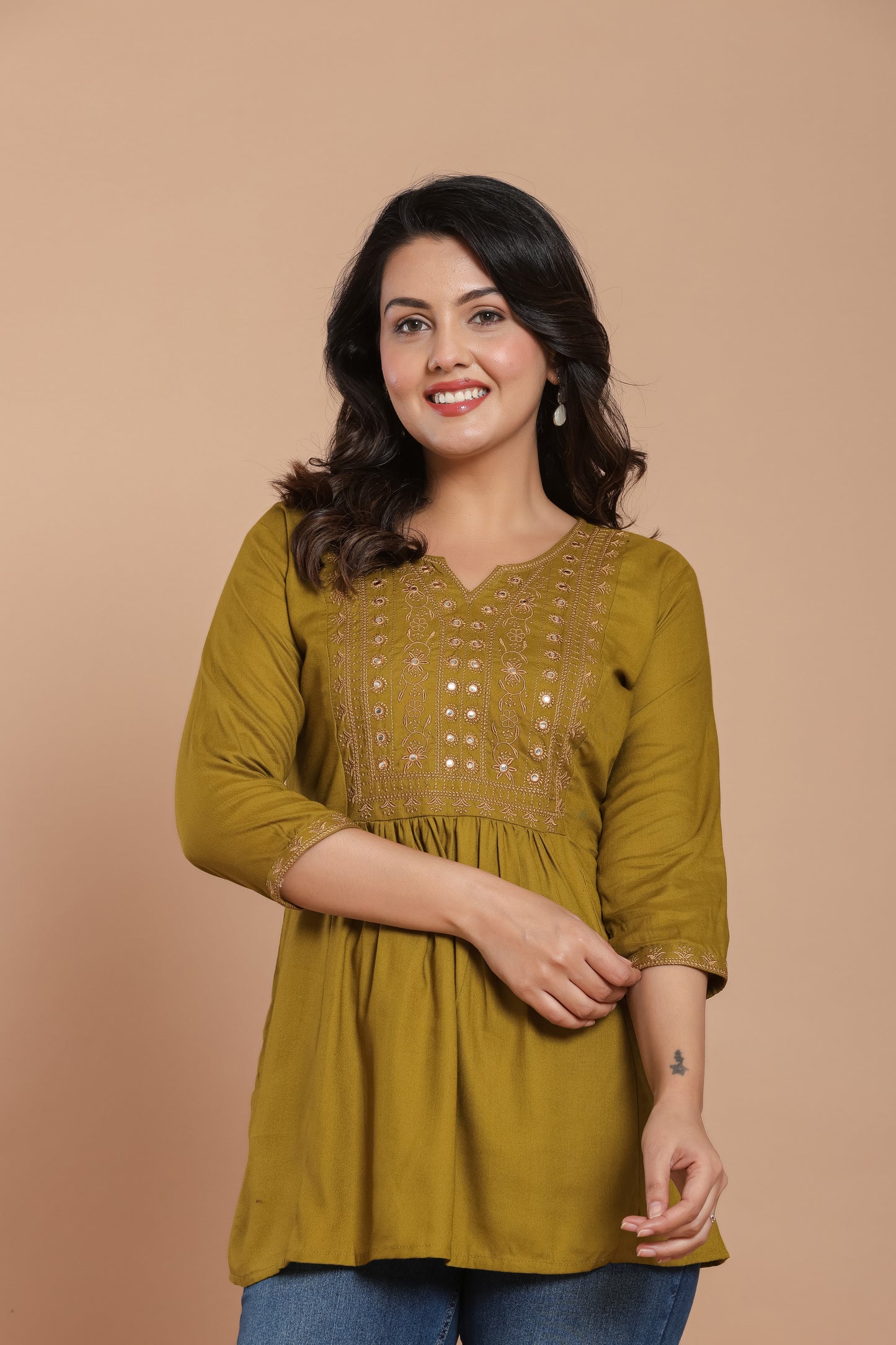 Olive Green Cotton Kurti with Mirror Embroidery